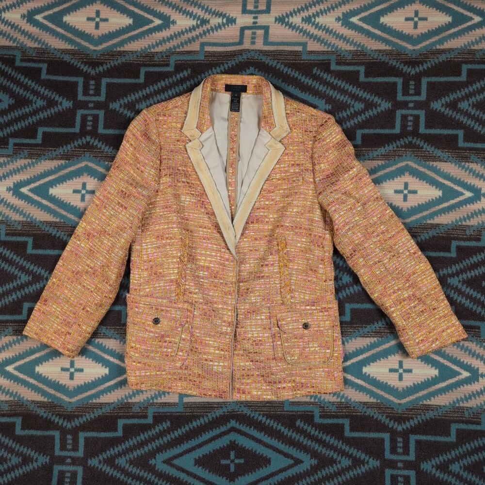J Crew Collection Womens Blazer Size 12 Pink Blue Tweed Jacket Boho Girl Boss